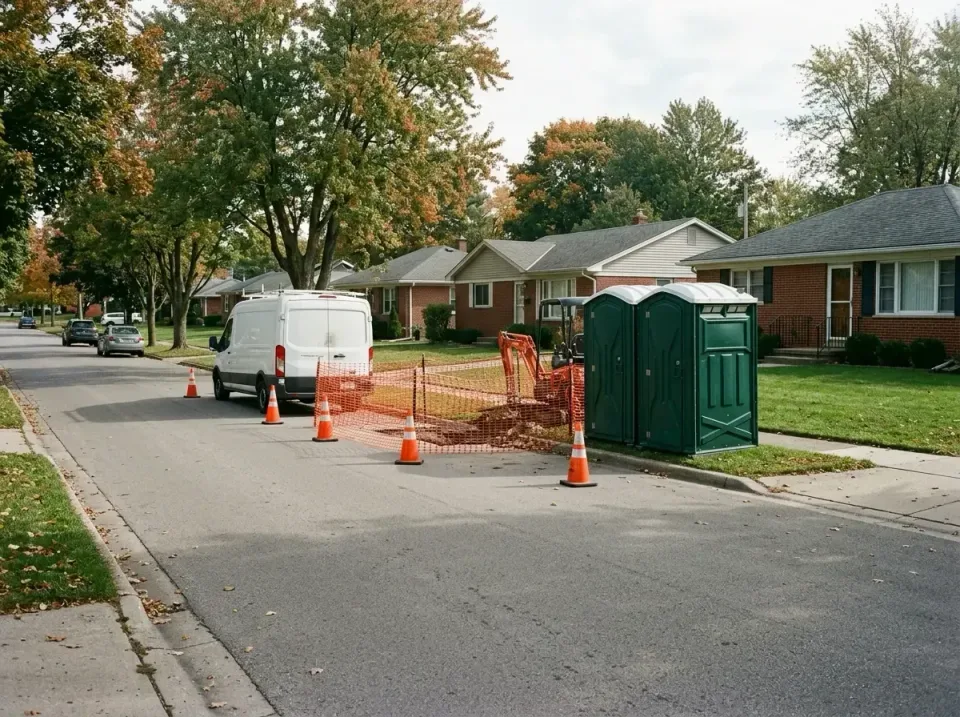 Portable Toilet — Residential Street — Portable Toilet, Porta Potty, Work Van, Residential Street, Standard Porta Potty Rent…